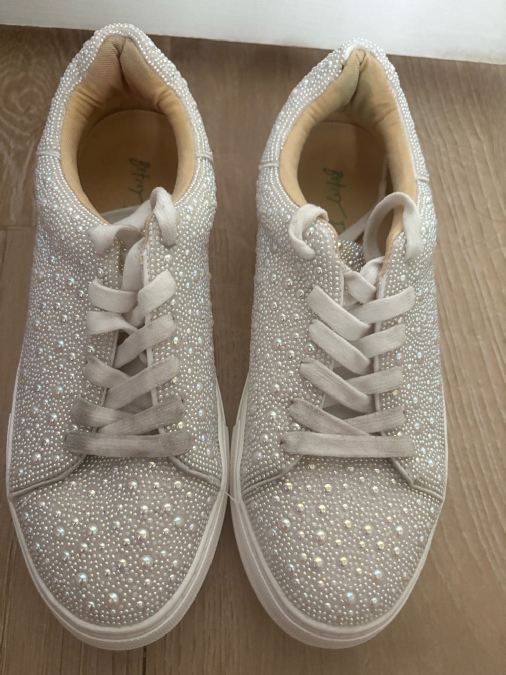 Betsey Johnson White Sneakers with Iridescent Crystal Accents